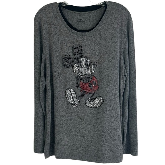 Disney Parks Womens Large Grey Sparkly Rhinestone Mickey Mouse Burnout Top Shirt - Picture 1 of 7